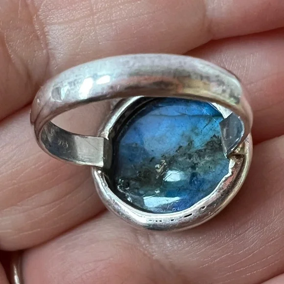 VINTAGE LARGE LABRADORITE CABOCHON RING 925 STERLING SILVER BLUE ETHEREAL GLOW
